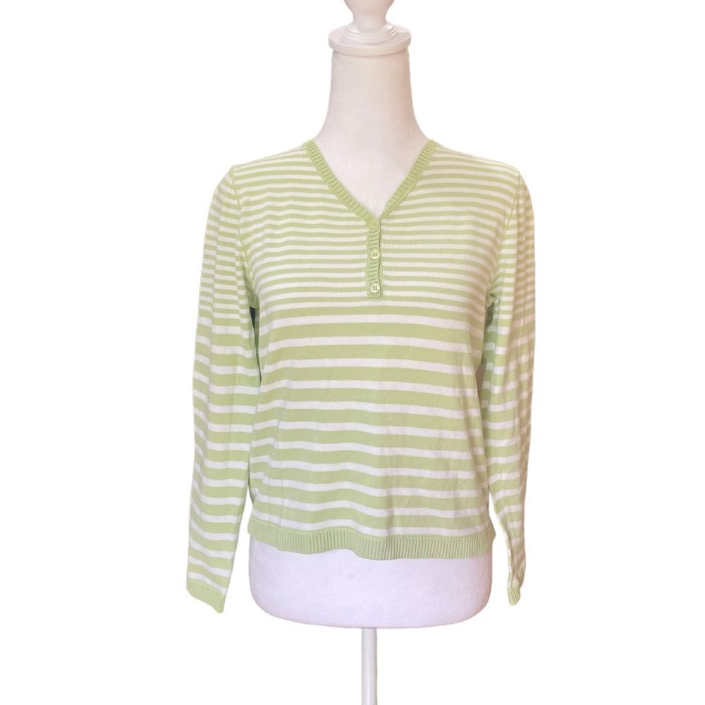 LL Bean Womens V Neck Sweater Green and White Striped Size XS Regular